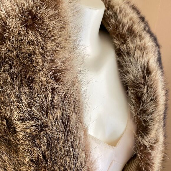 Vintage Loretta Double Button Long Knitted Tan Coat Size L w/ Animal Fur Collar - Picture 3 of 10